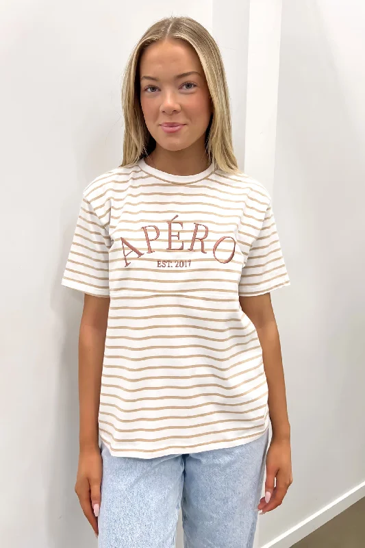 Streetwear T-ShirtsOld School Stripe Panel Tee White Beige Plum